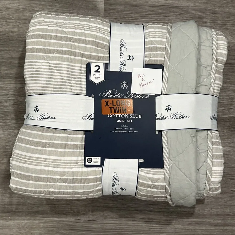 Brooks Brothers Cotton Slub Quilt Sham Set TWIN XL Green Stripes Diamond Stitch